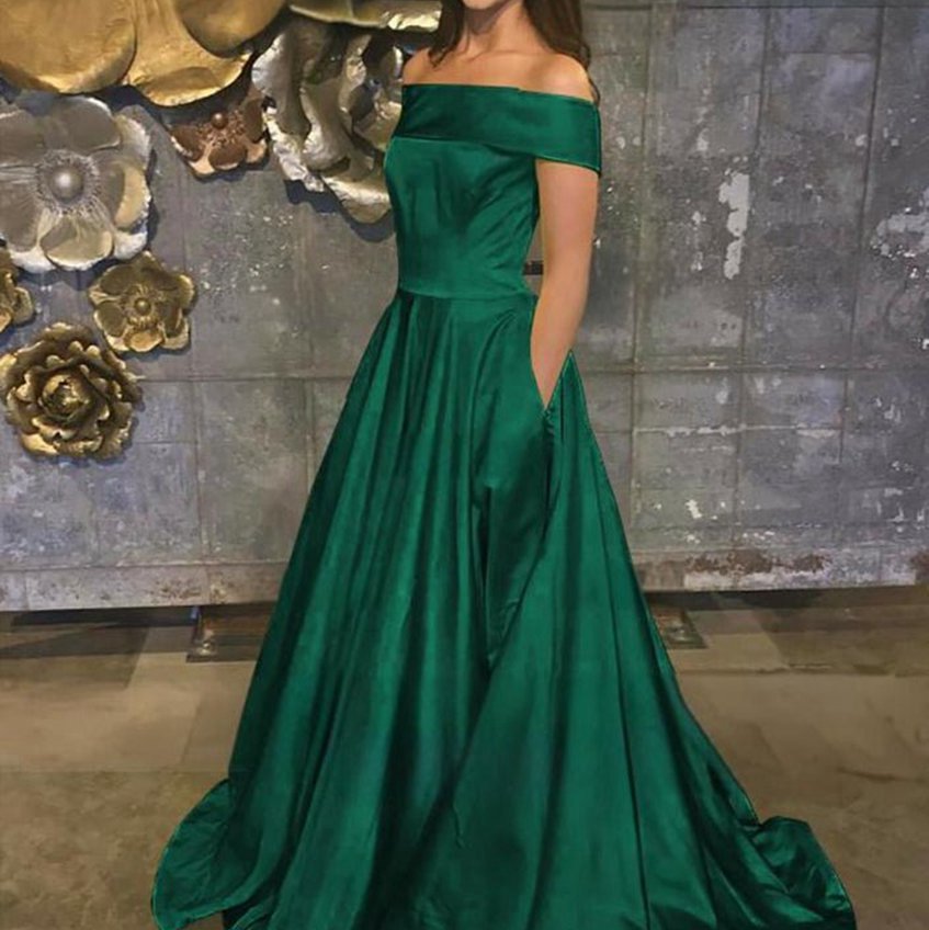 A-line Off the Shoulder Satin Prom Dresses with Pockets