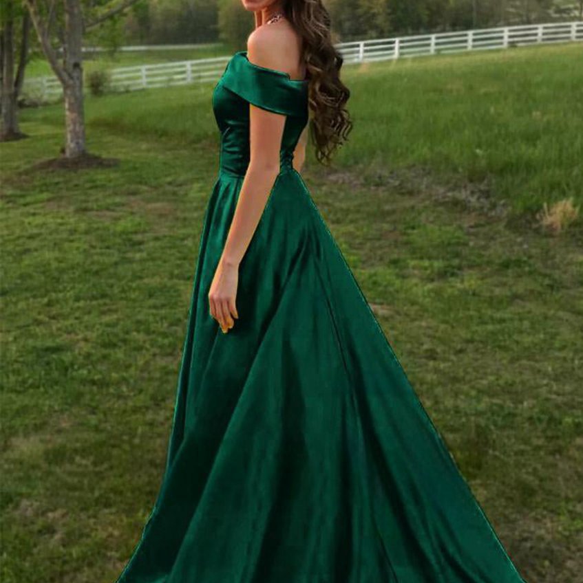 A-line Off the Shoulder Satin Prom Dresses with Pockets