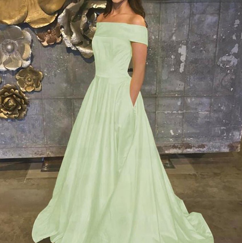 A-line Off the Shoulder Satin Prom Dresses with Pockets