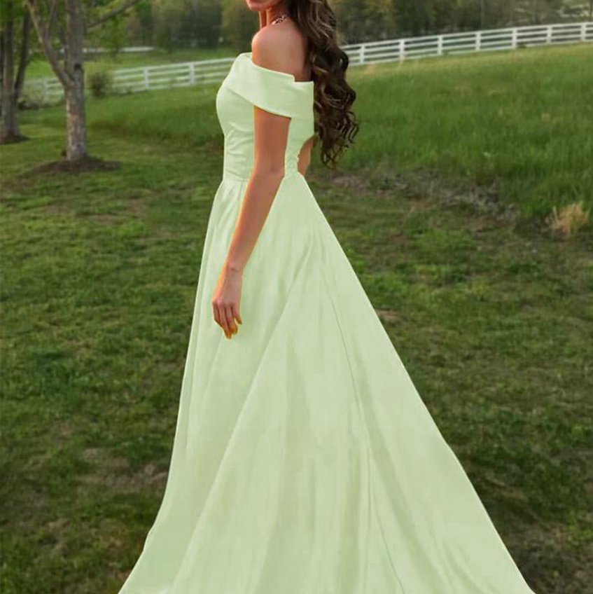 A-line Off the Shoulder Satin Prom Dresses with Pockets