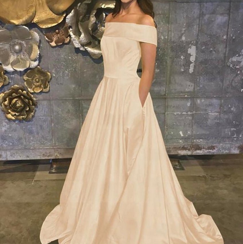 A-line Off the Shoulder Satin Prom Dresses with Pockets