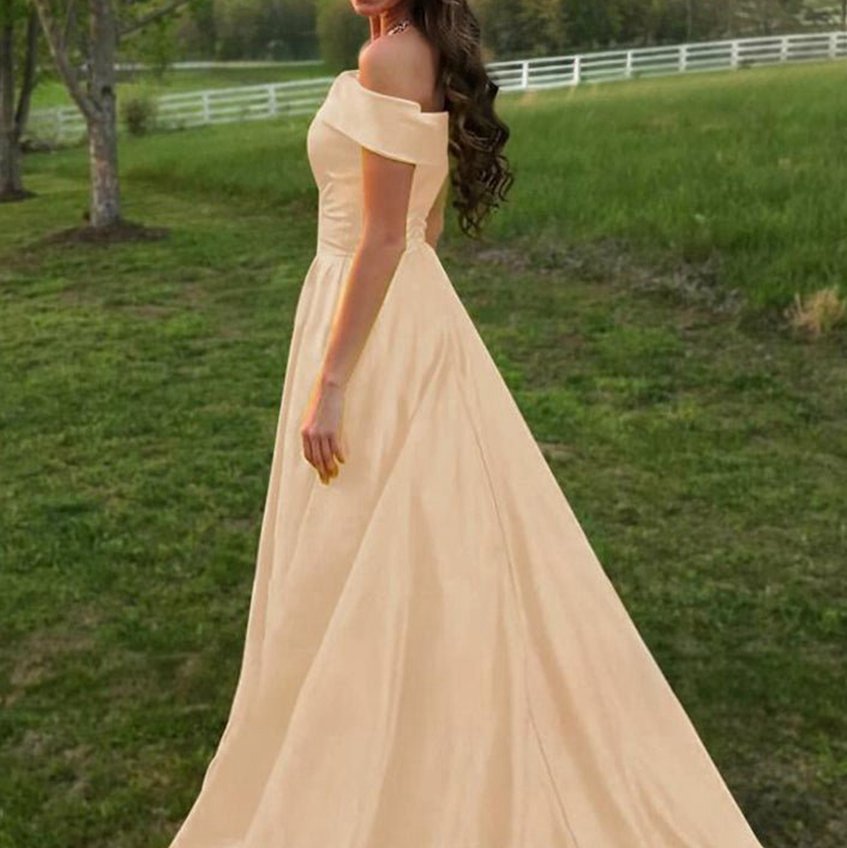 A-line Off the Shoulder Satin Prom Dresses with Pockets