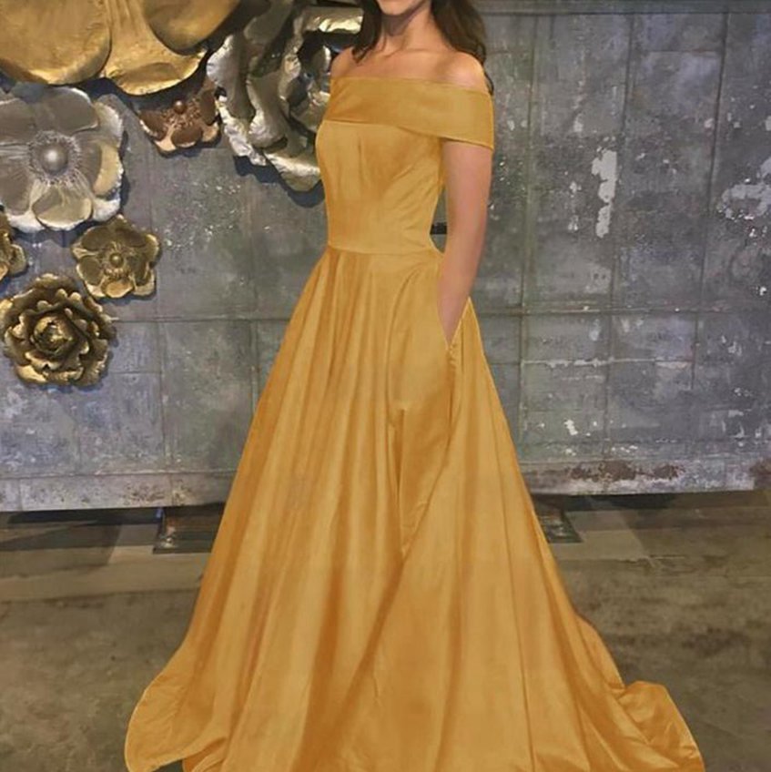 A-line Off the Shoulder Satin Prom Dresses with Pockets