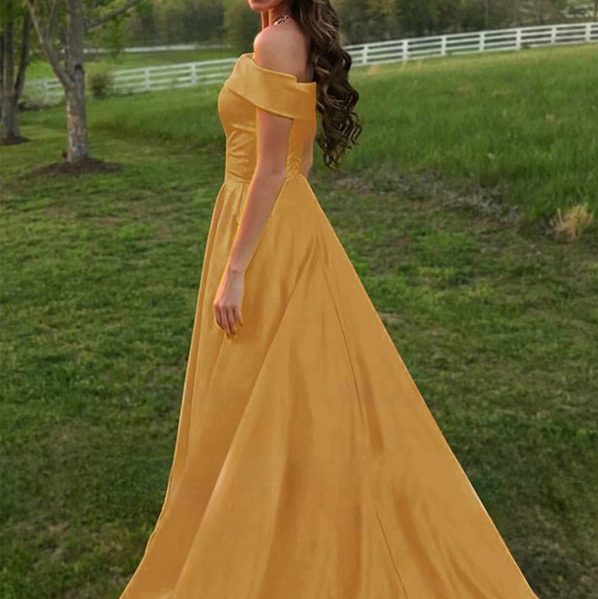 A-line Off the Shoulder Satin Prom Dresses with Pockets