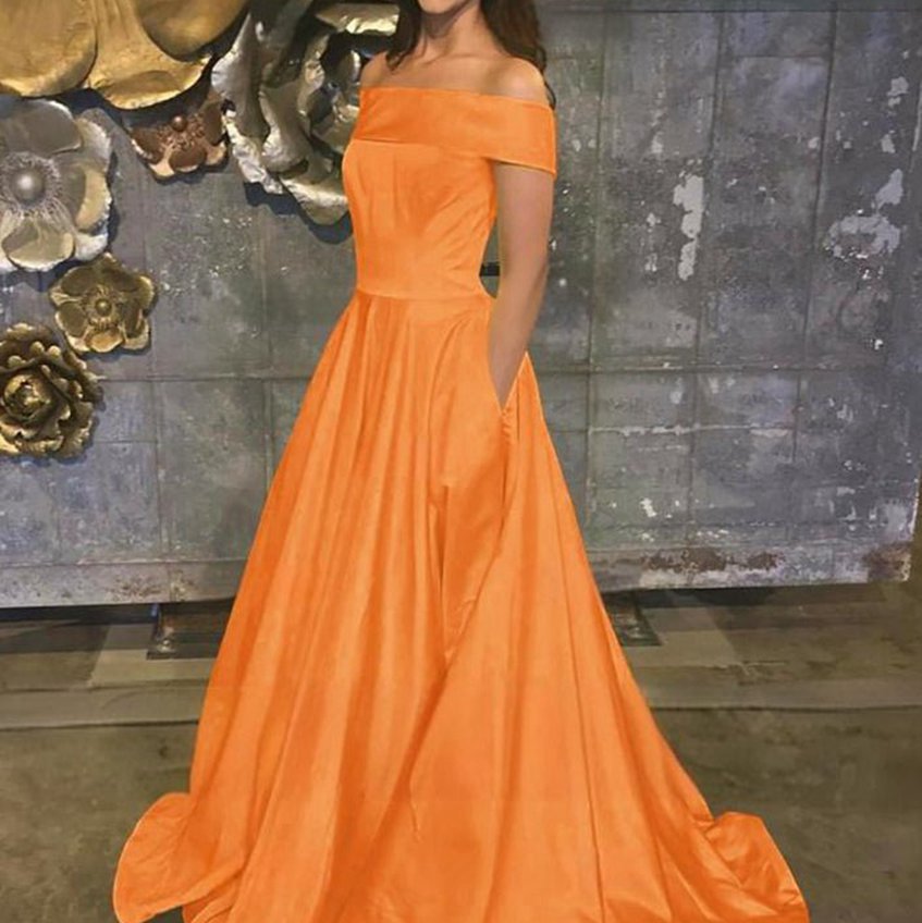 A-line Off the Shoulder Satin Prom Dresses with Pockets