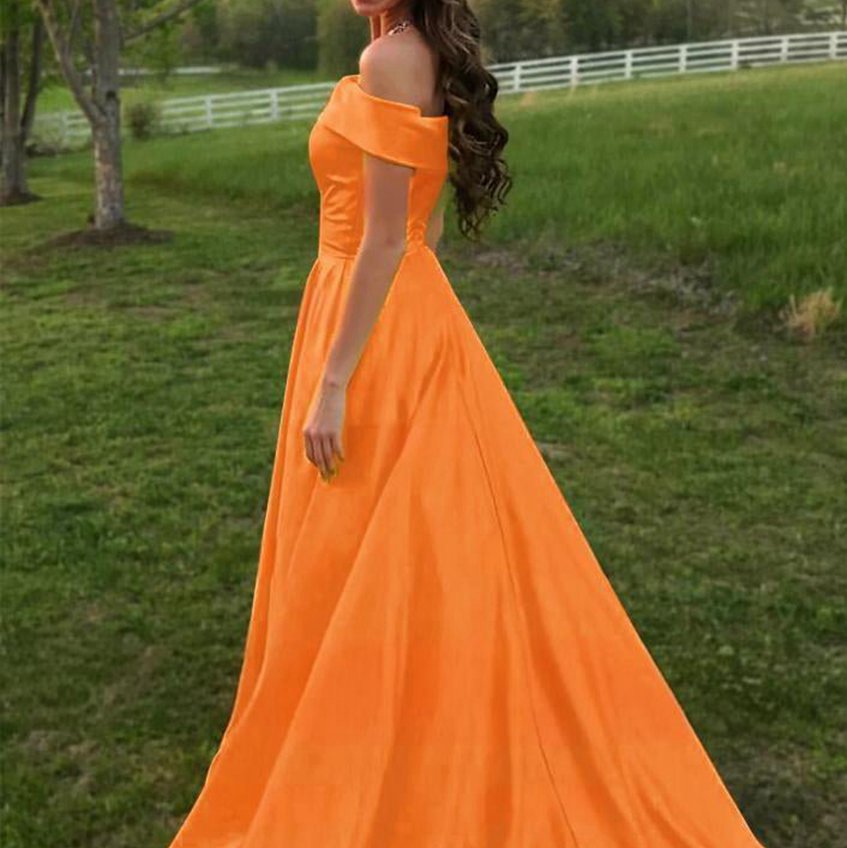A-line Off the Shoulder Satin Prom Dresses with Pockets