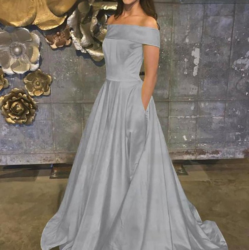 A-line Off the Shoulder Satin Prom Dresses with Pockets