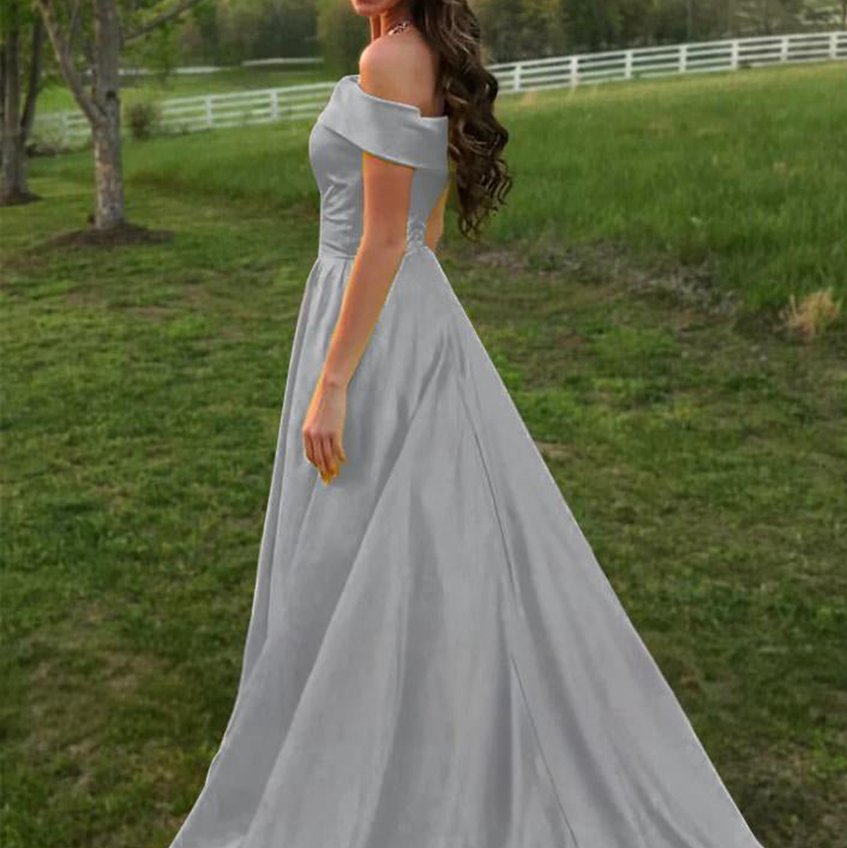 A-line Off the Shoulder Satin Prom Dresses with Pockets