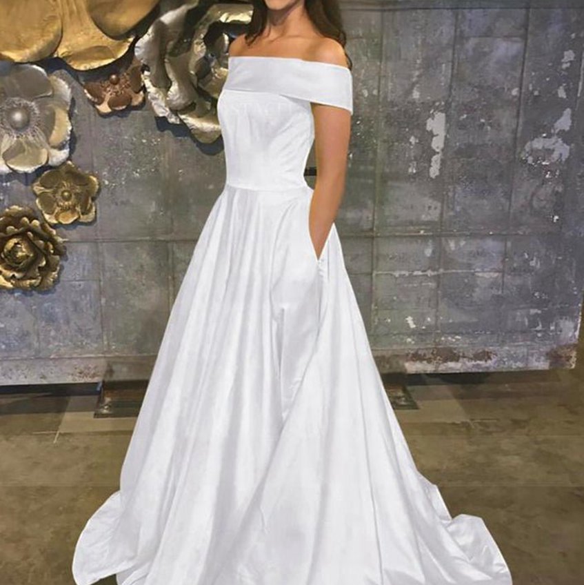 A-line Off the Shoulder Satin Prom Dresses with Pockets