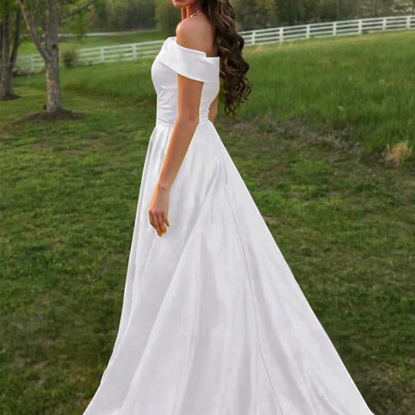 A-line Off the Shoulder Satin Prom Dresses with Pockets