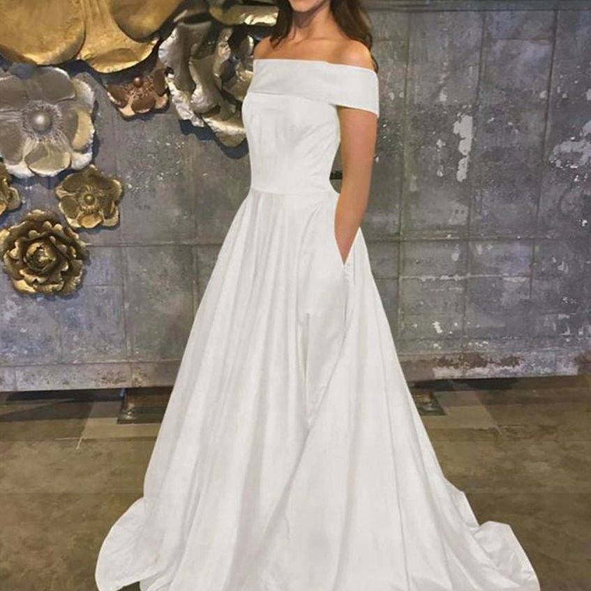 A-line Off the Shoulder Satin Prom Dresses with Pockets