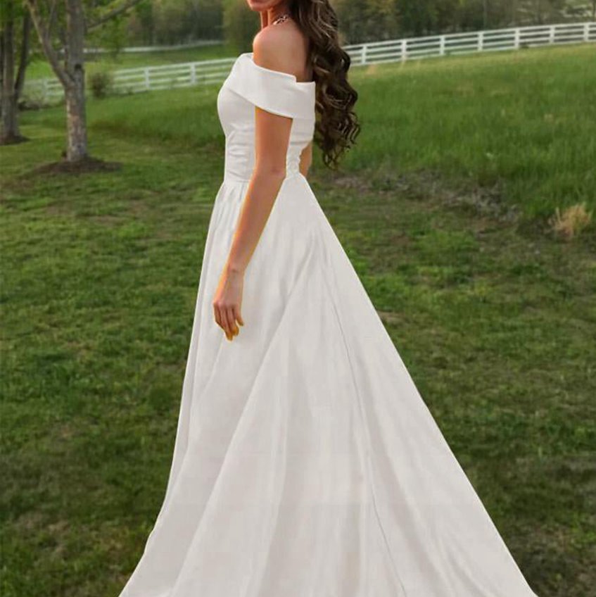 A-line Off the Shoulder Satin Prom Dresses with Pockets