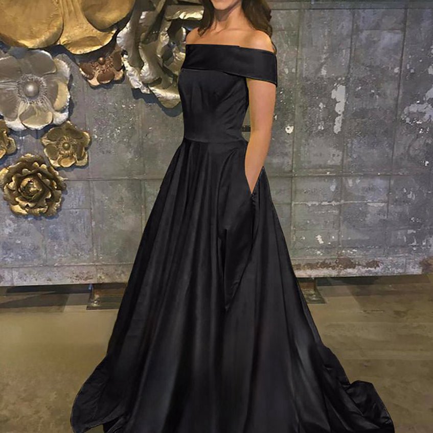 A-line Off the Shoulder Satin Prom Dresses with Pockets