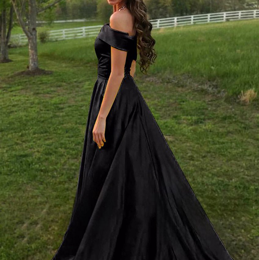 A-line Off the Shoulder Satin Prom Dresses with Pockets