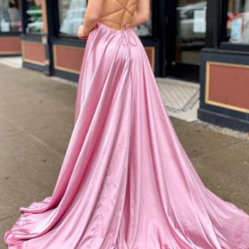 V Neck Satin Backless A-line Prom Dresses with Pockets