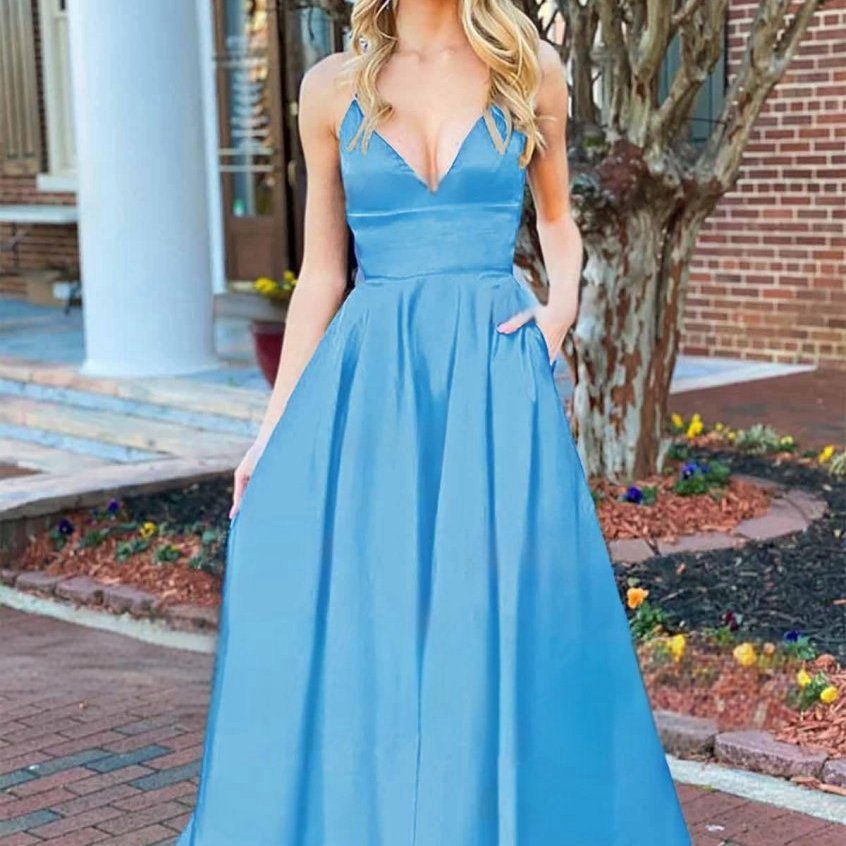 A-line V Neck Satin Prom Dresses with Pockets