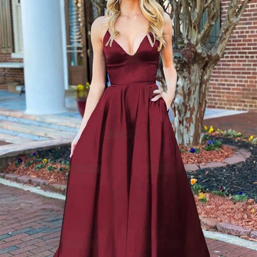 A-line V Neck Satin Prom Dresses with Pockets
