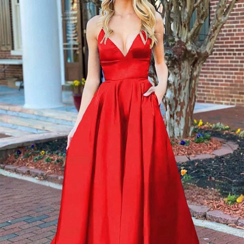 A-line V Neck Satin Prom Dresses with Pockets