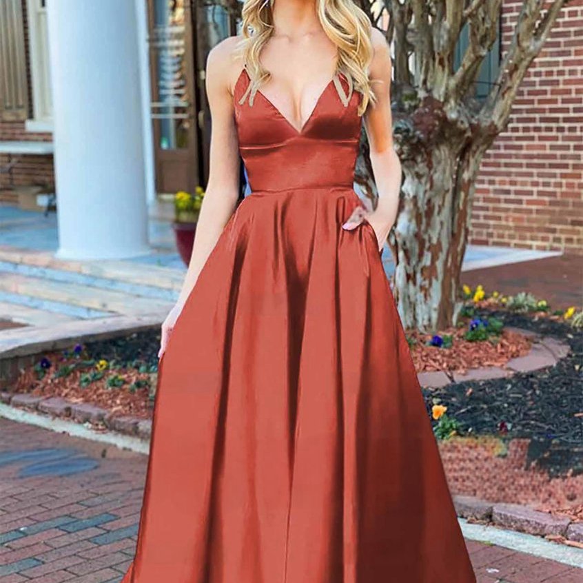 A-line V Neck Satin Prom Dresses with Pockets