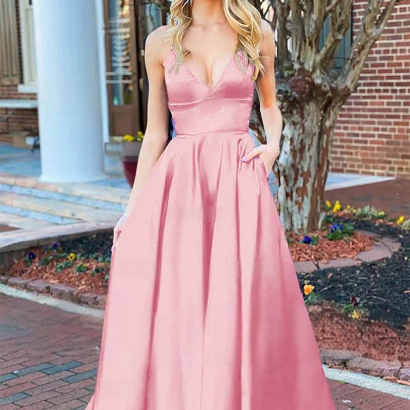A-line V Neck Satin Prom Dresses with Pockets
