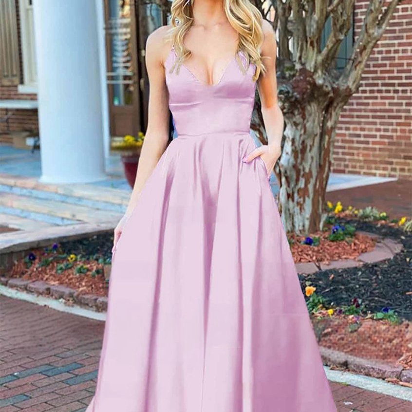 A-line V Neck Satin Prom Dresses with Pockets
