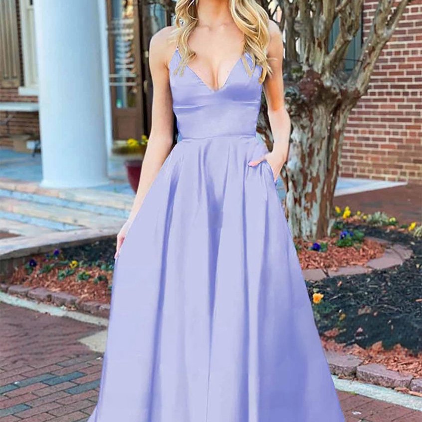 A-line V Neck Satin Prom Dresses with Pockets