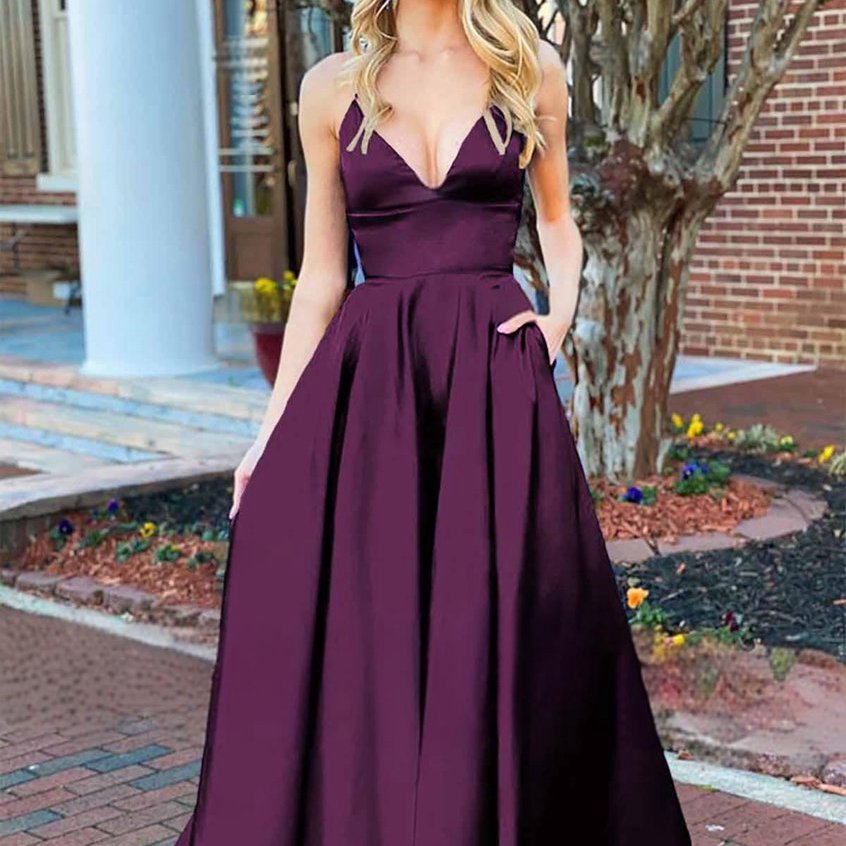 A-line V Neck Satin Prom Dresses with Pockets