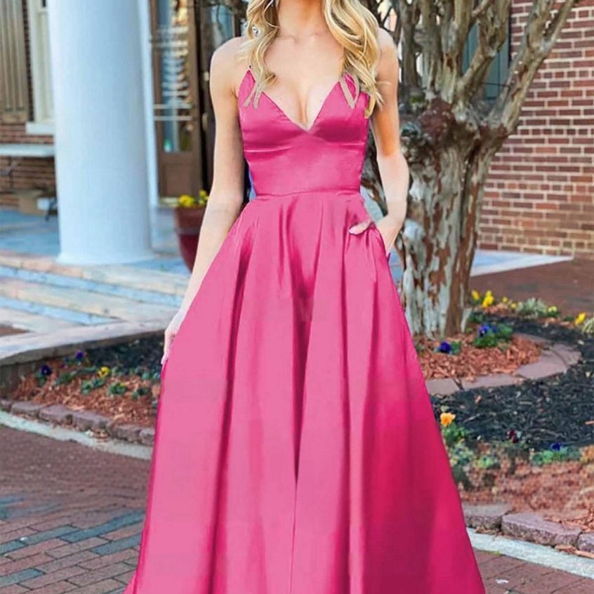 A-line V Neck Satin Prom Dresses with Pockets