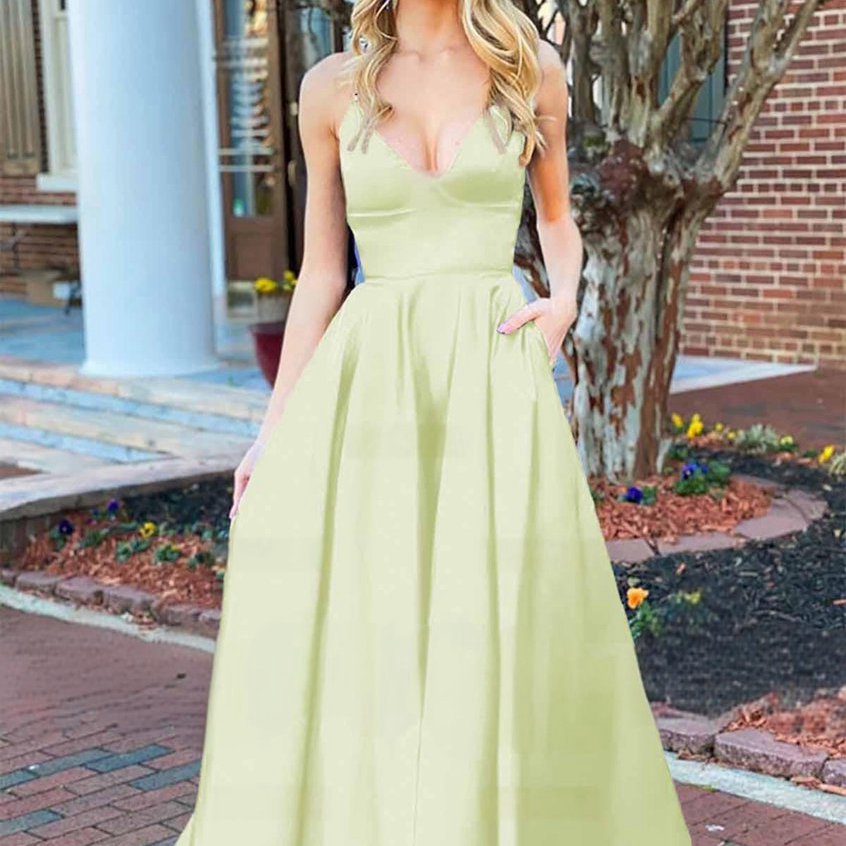 A-line V Neck Satin Prom Dresses with Pockets