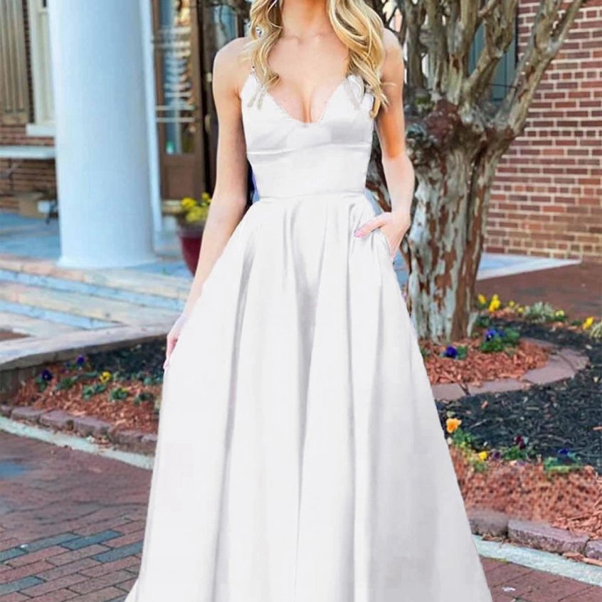 A-line V Neck Satin Prom Dresses with Pockets