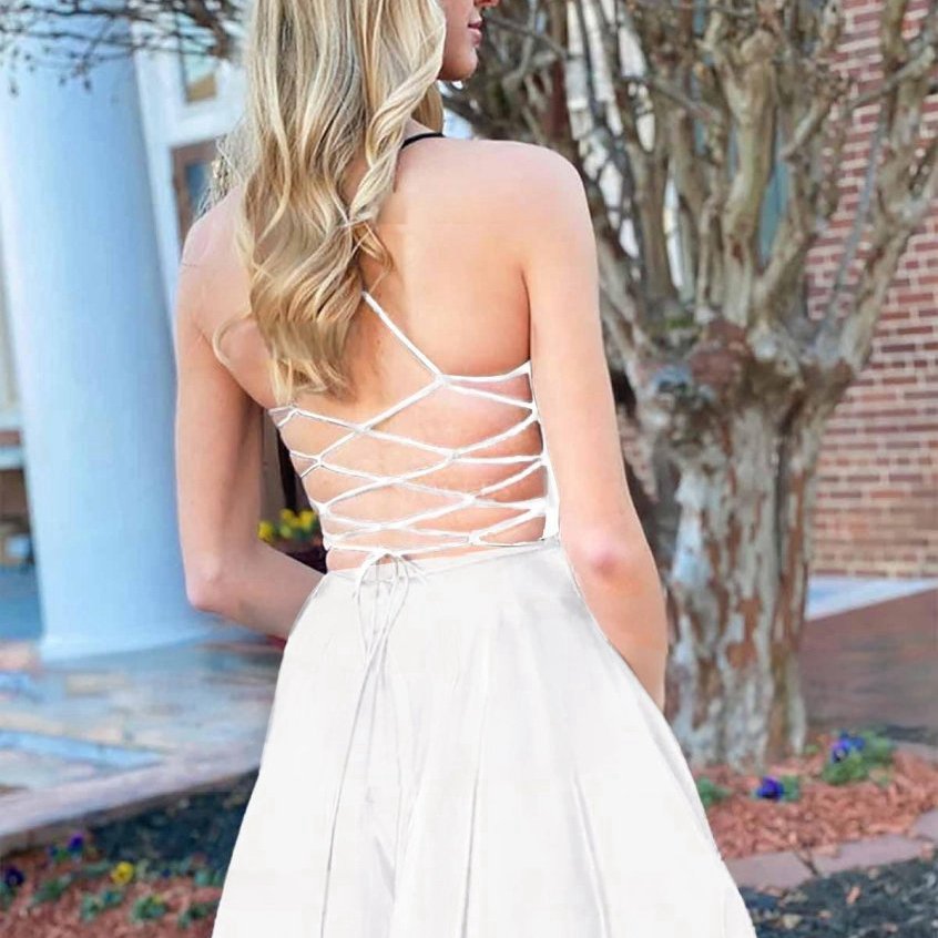 A-line V Neck Satin Prom Dresses with Pockets