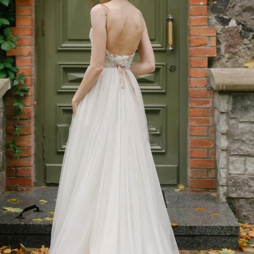 A-line Bohemian Tulle Lace Wedding Dresses Bridal Gowns Beach