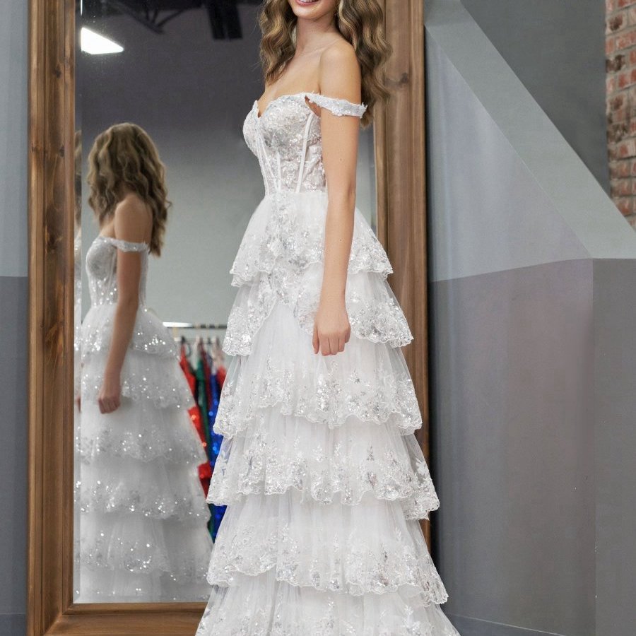 Princess A-line Off the Shoulder Corset Prom Dresses with Lace Ruffles