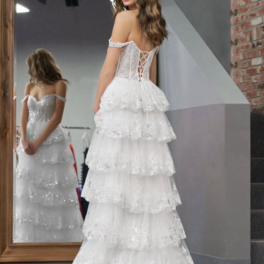 Princess A-line Off the Shoulder Corset Prom Dresses with Lace Ruffles