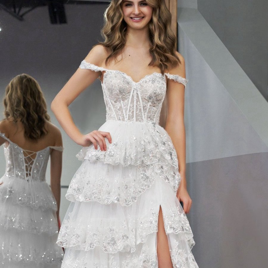 Princess A-line Off the Shoulder Corset Prom Dresses with Lace Ruffles