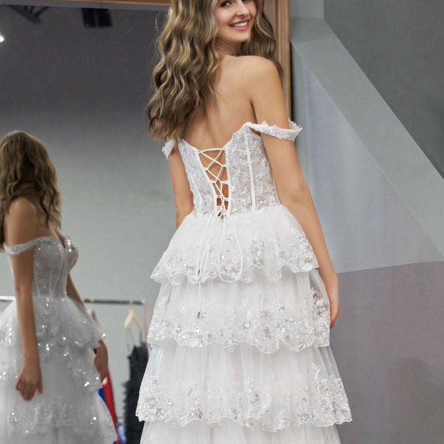 Princess A-line Off the Shoulder Corset Prom Dresses with Lace Ruffles