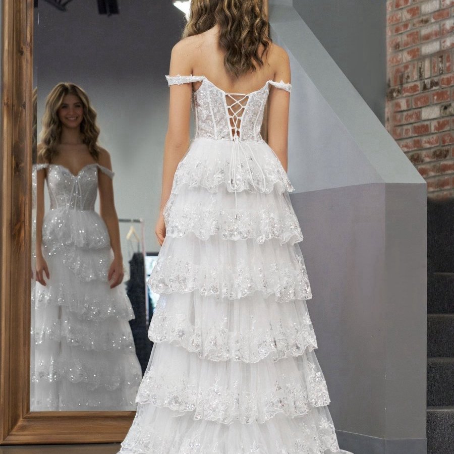 Princess A-line Off the Shoulder Corset Prom Dresses with Lace Ruffles