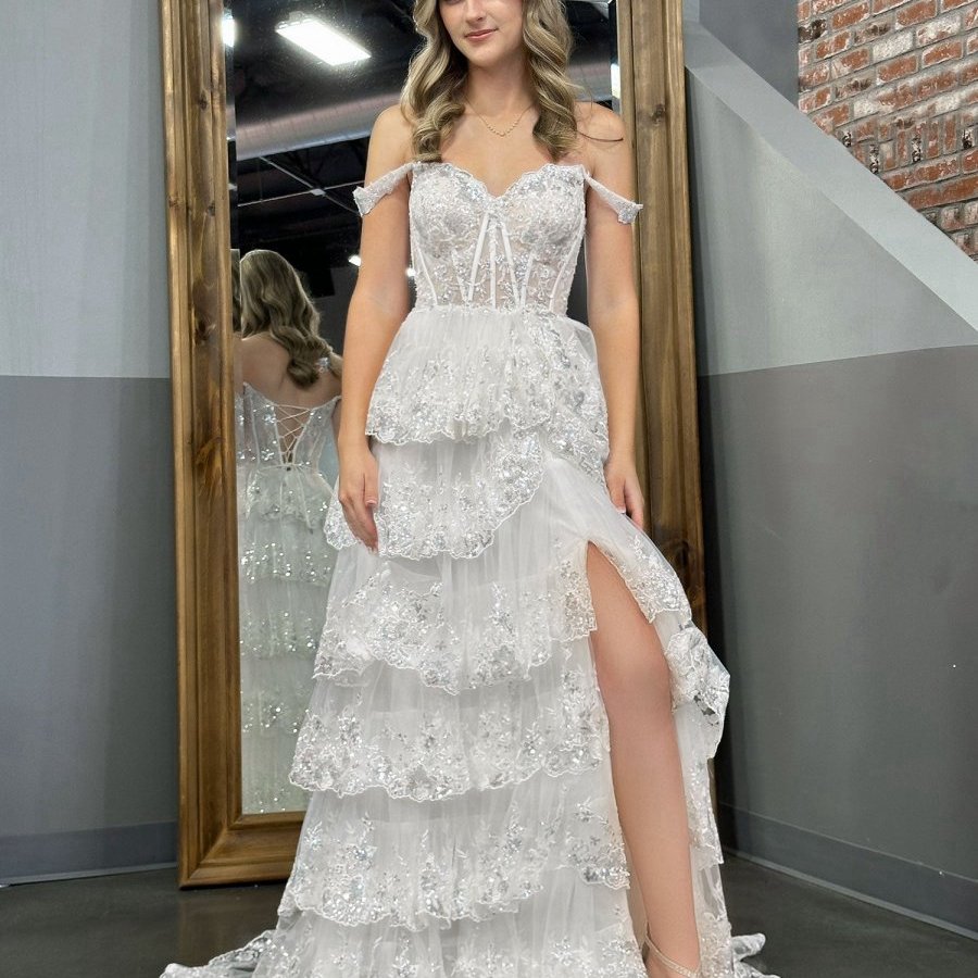 Princess A-line Off the Shoulder Corset Prom Dresses with Lace Ruffles