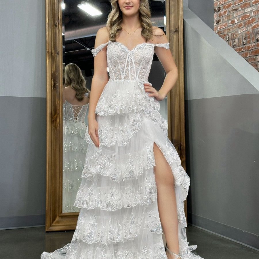 Princess A-line Off the Shoulder Corset Prom Dresses with Lace Ruffles