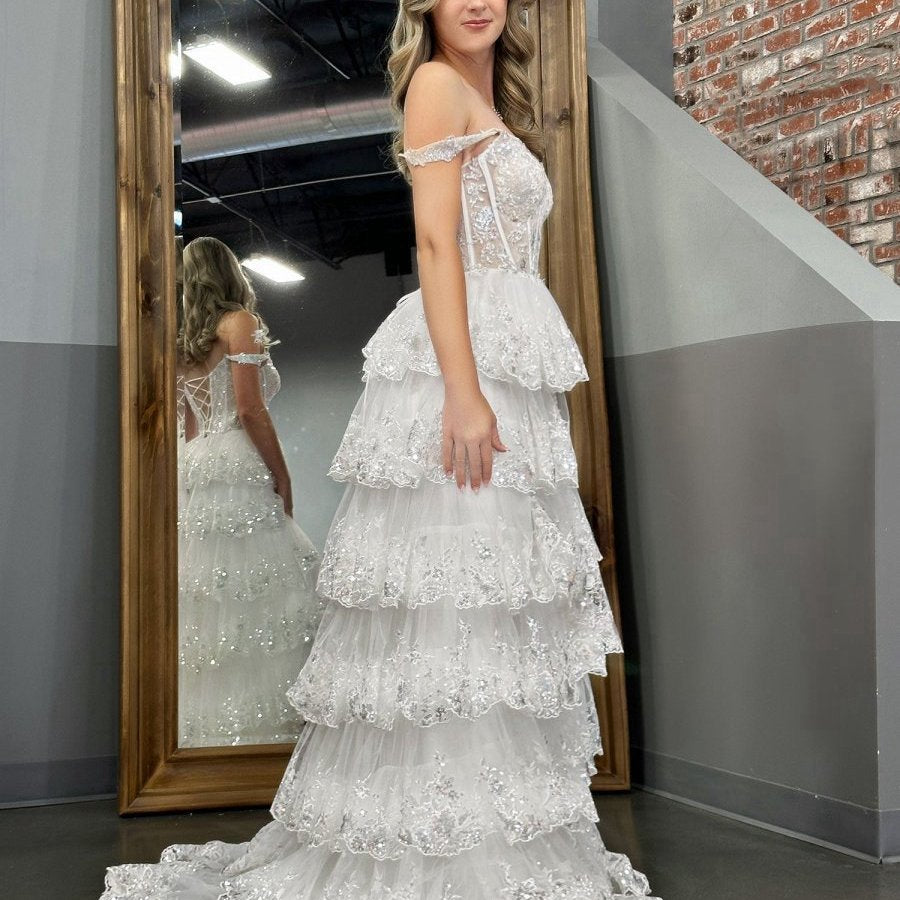 Princess A-line Off the Shoulder Corset Prom Dresses with Lace Ruffles