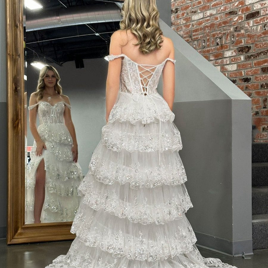 Princess A-line Off the Shoulder Corset Prom Dresses with Lace Ruffles