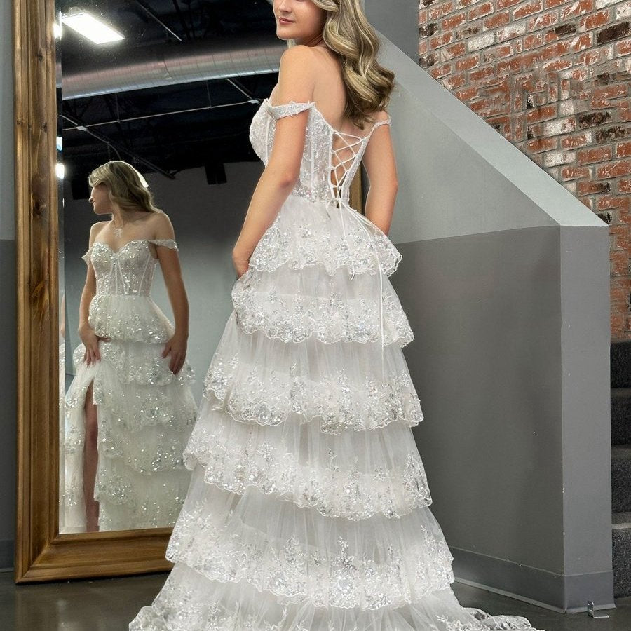 Princess A-line Off the Shoulder Corset Prom Dresses with Lace Ruffles