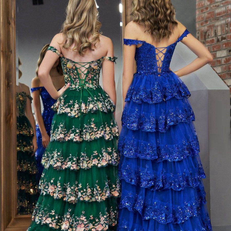 Princess A-line Off the Shoulder Corset Prom Dresses with Lace Ruffles