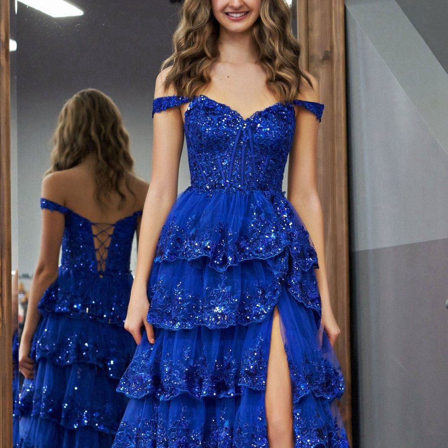 Princess A-line Off the Shoulder Corset Prom Dresses with Lace Ruffles
