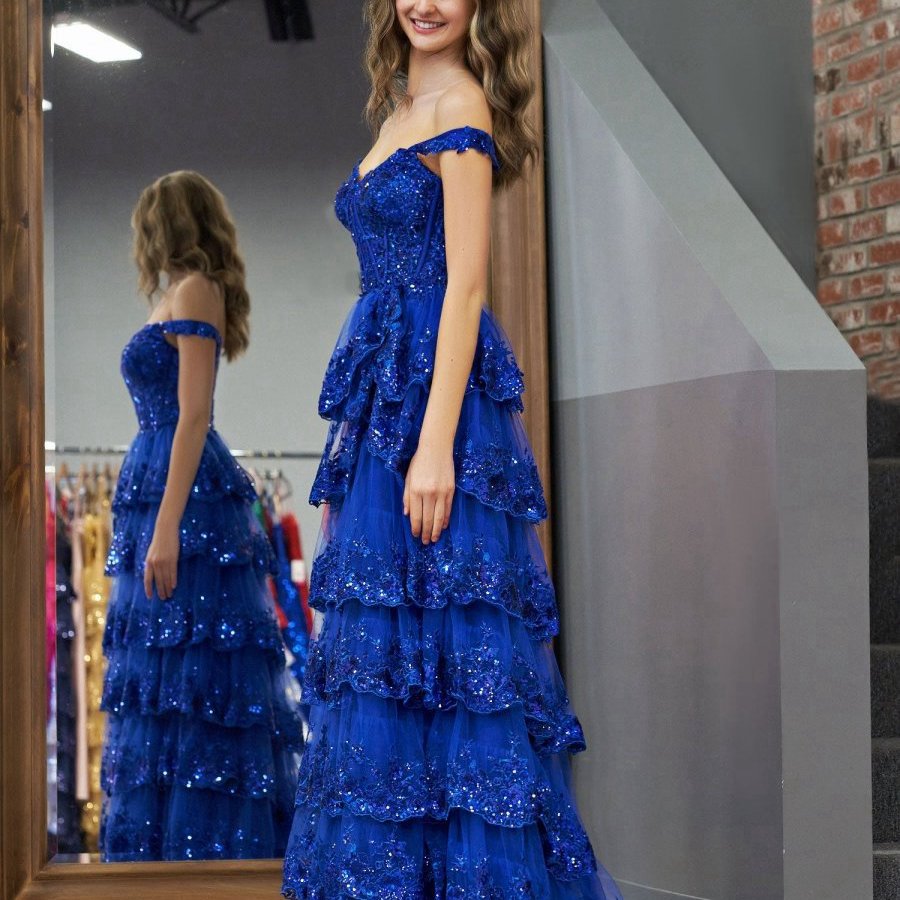 Princess A-line Off the Shoulder Corset Prom Dresses with Lace Ruffles