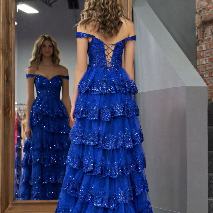Princess A-line Off the Shoulder Corset Prom Dresses with Lace Ruffles