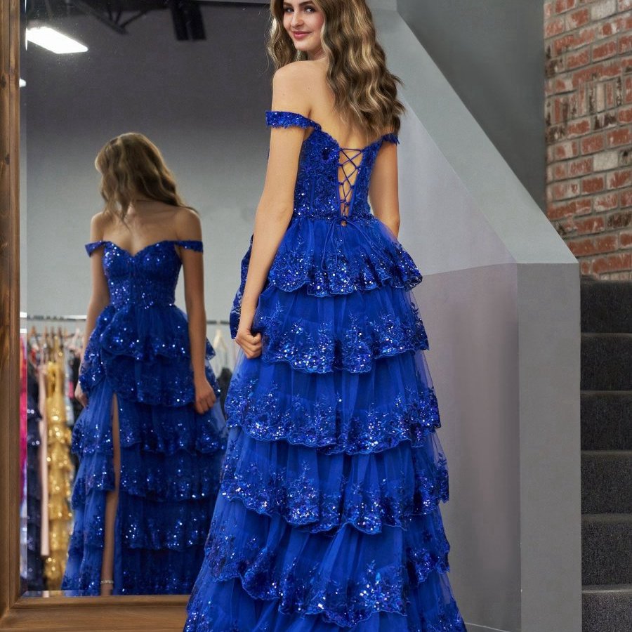 Princess A-line Off the Shoulder Corset Prom Dresses with Lace Ruffles