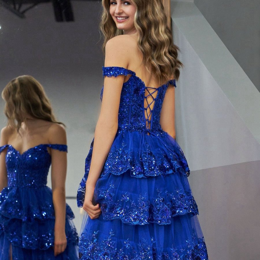 Princess A-line Off the Shoulder Corset Prom Dresses with Lace Ruffles