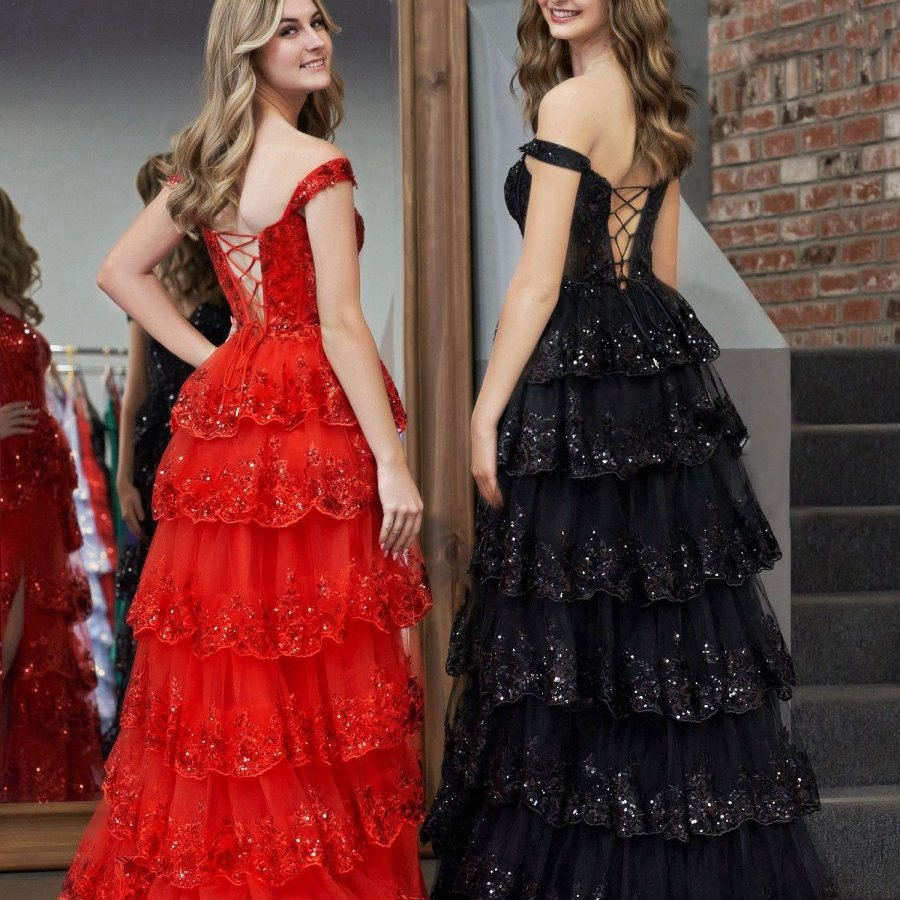 Princess A-line Off the Shoulder Corset Prom Dresses with Lace Ruffles