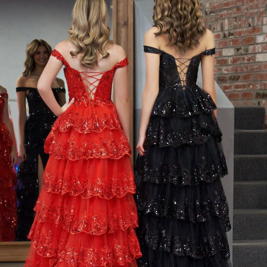 Princess A-line Off the Shoulder Corset Prom Dresses with Lace Ruffles
